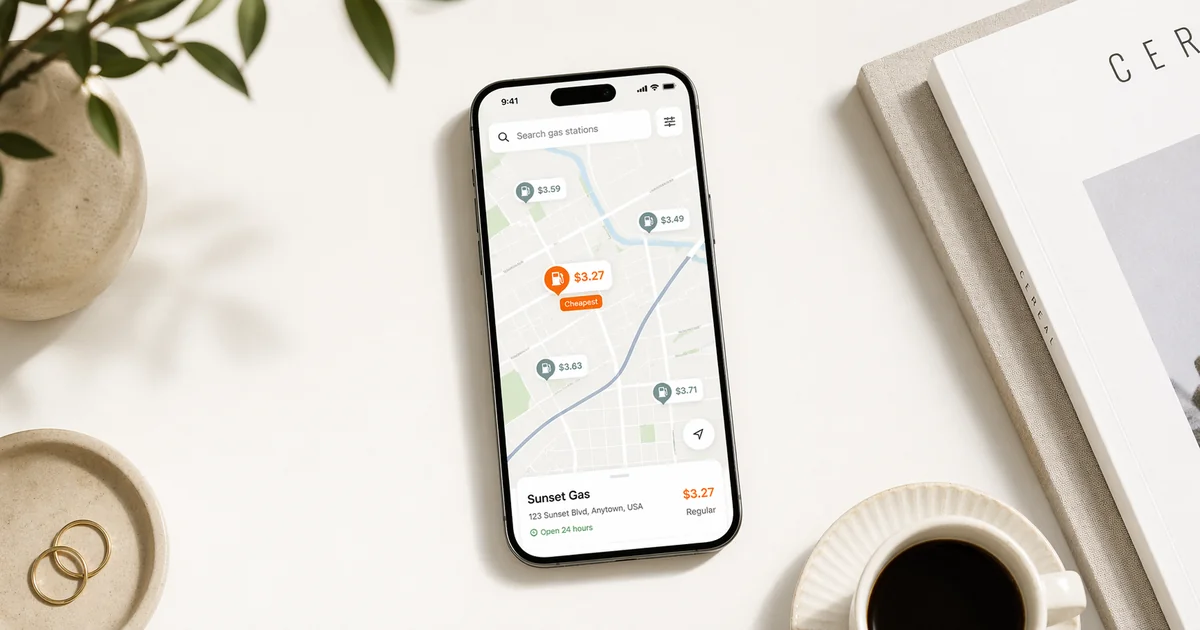 iPhone mostrando un mapa con gasolineras y la más barata destacada en naranja
