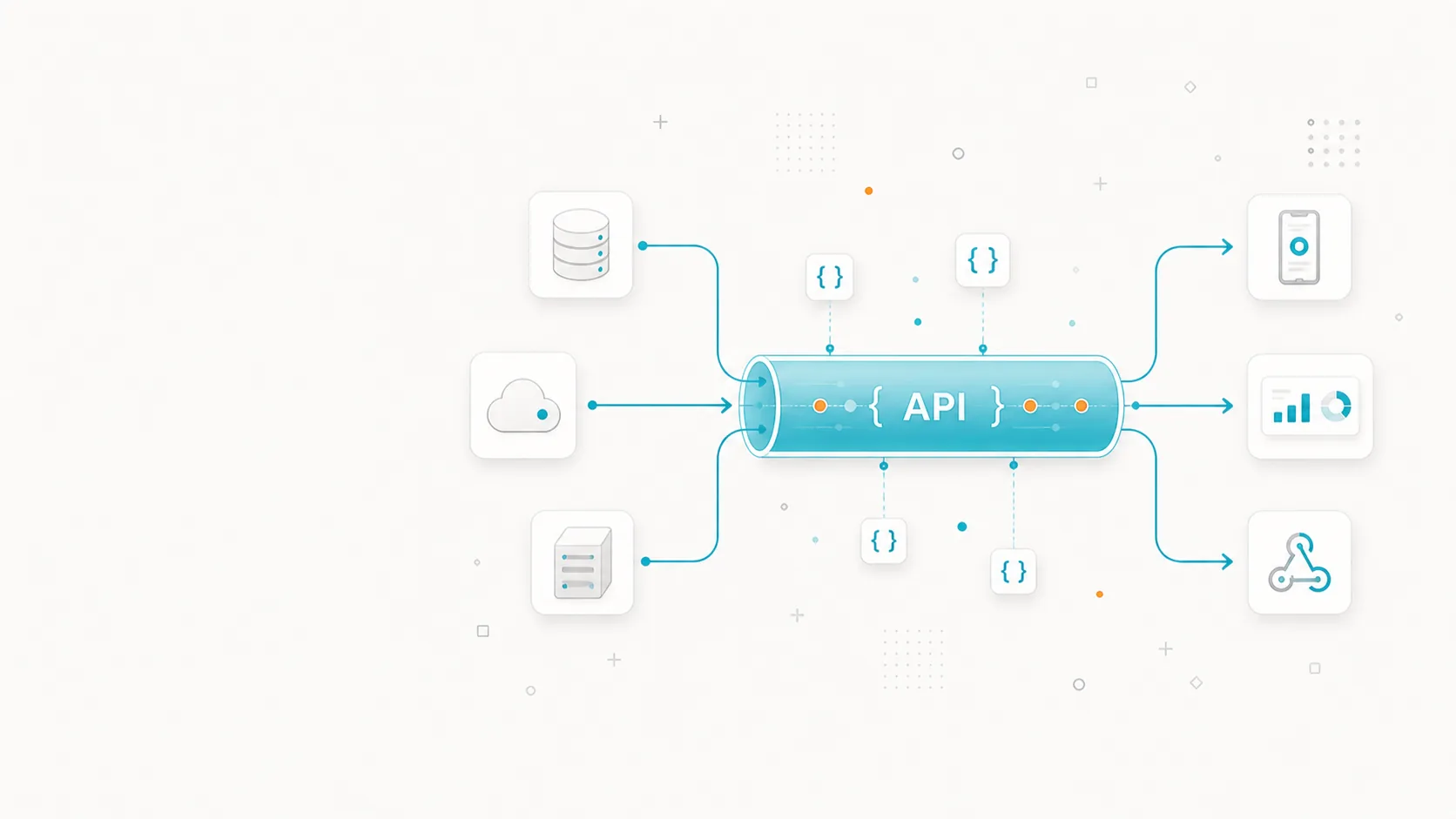 Ilustración de desarrollo de API: endpoint central con sistemas de entrada y salida conectados mediante flujo de datos.