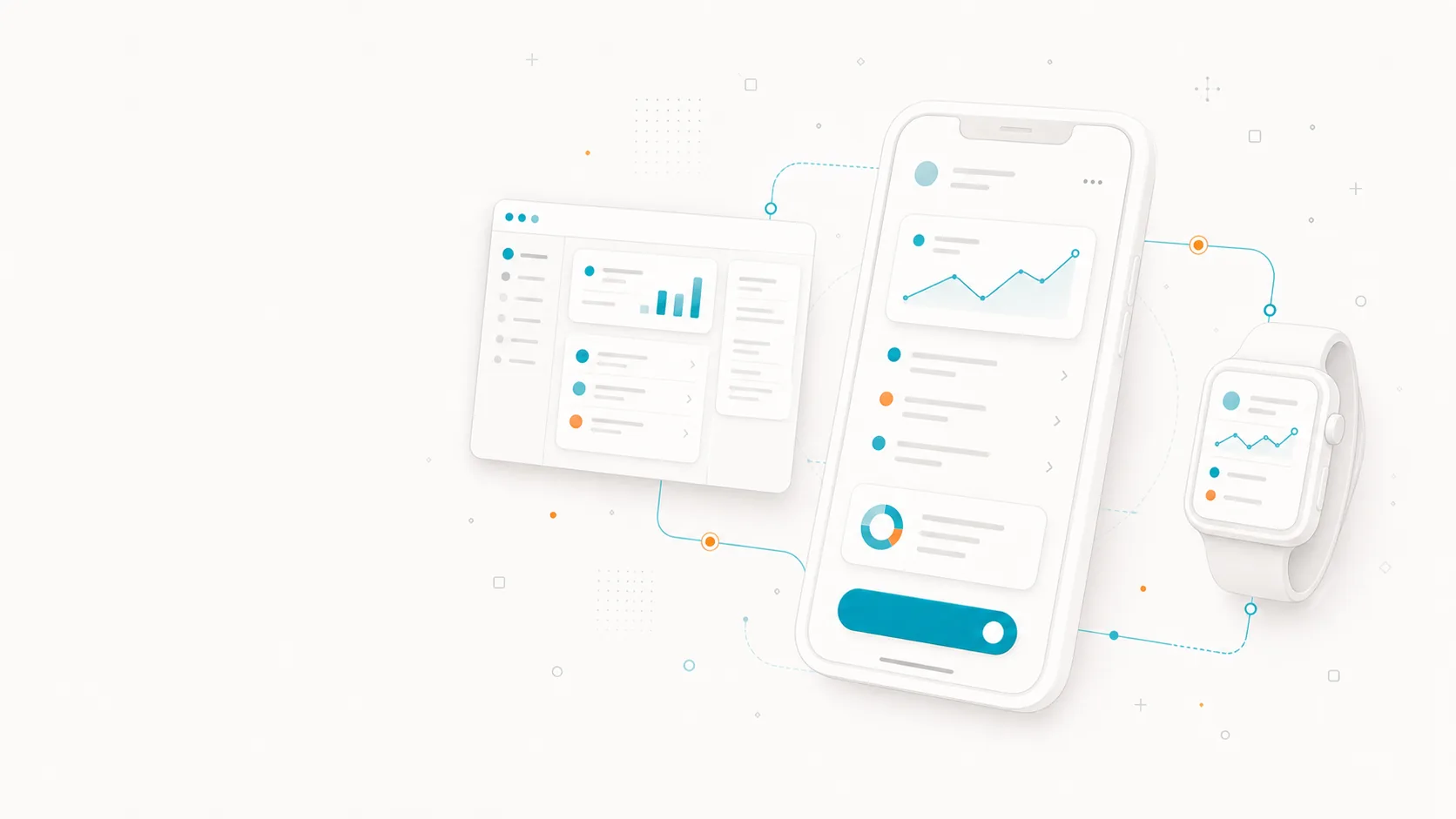 Ilustración de desarrollo de apps: móvil, desktop y smartwatch sincronizados con interfaces de usuario.