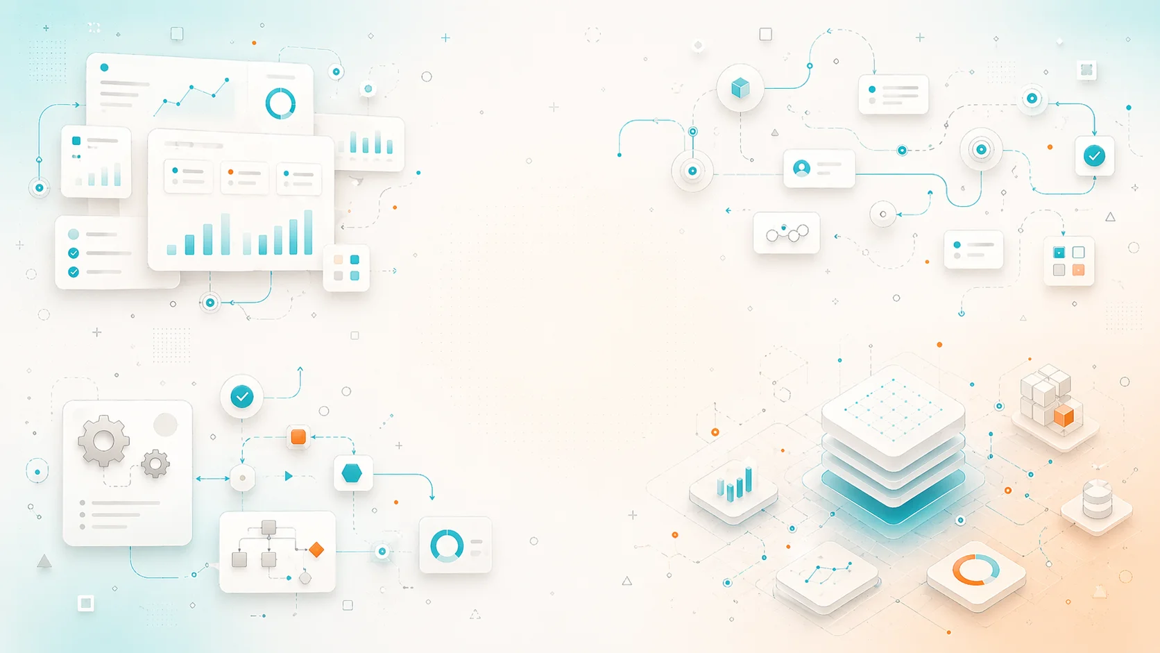 Ecosistema editorial: dashboards, nodos conectados y cubo isométrico central, con acentos cyan y naranja.