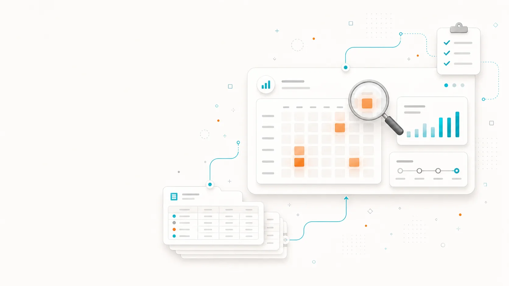 Ilustración de auditoría de procesos: dashboard con heatmap de cuellos de botella, lupa y datos analizados.