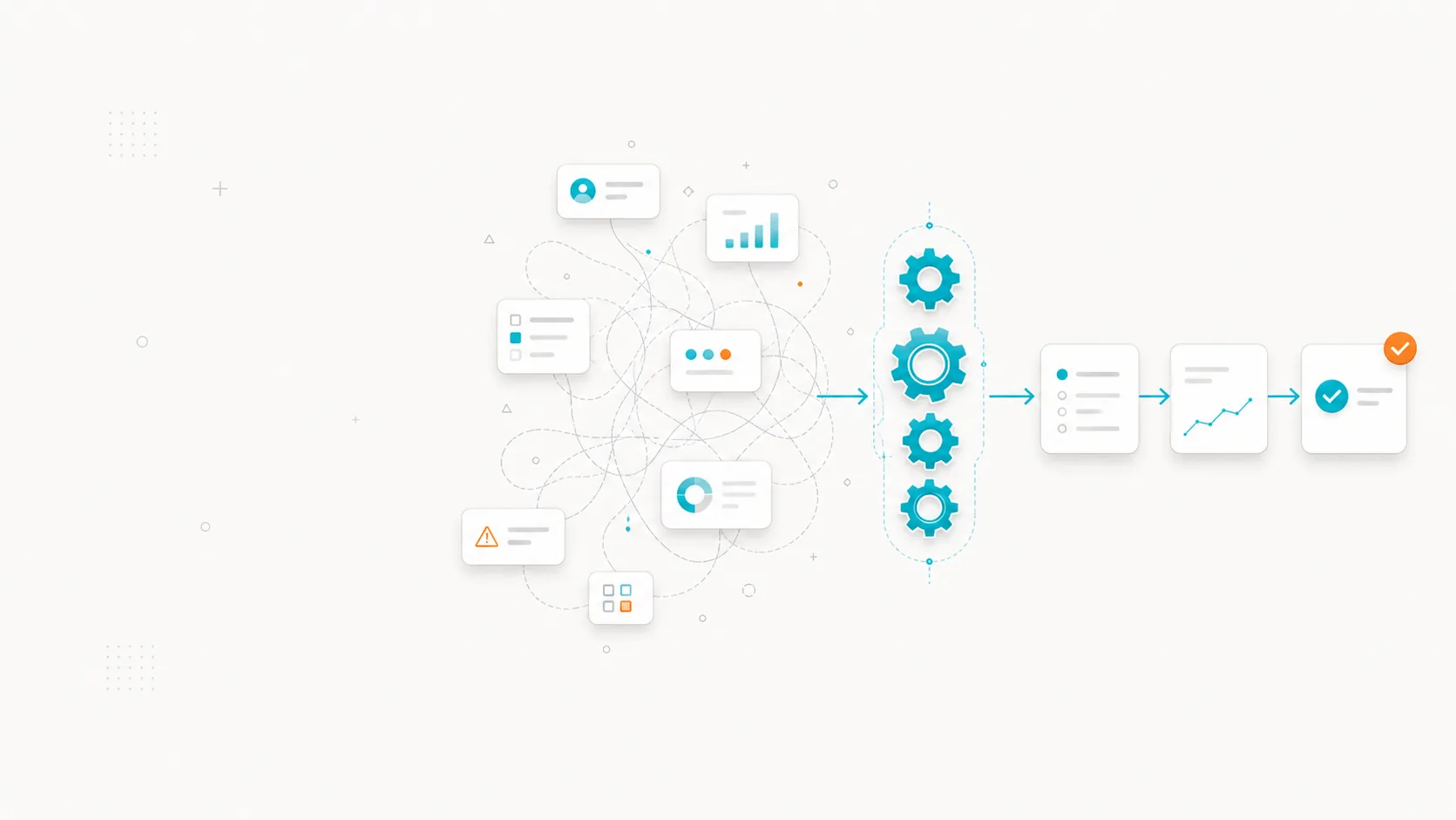 Ilustración de optimización de procesos: transformación de un flujo caótico a un flujo limpio y ordenado.